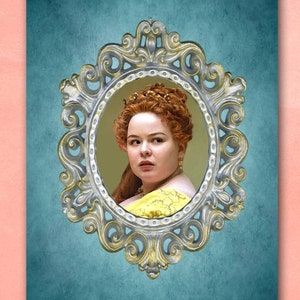 May include: A woman with red hair is depicted in a portrait within an ornate gold frame. The background is a teal blue.