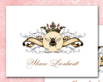 Bee Note Cards / Jeweled Crown, Banner, Scrolls / Personalized Stationery / Set of 10 / Dior Bee / Calligraphy / Vintage Victorian