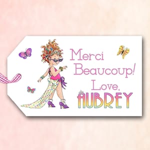 Etiqueta de favor de Fancy Nancy, personalizada con nombre, etiqueta de agradecimiento de fiesta, Merci Beaucoup, mariposas, digital, usted imprime, 8 etiquetas, 2.25"x3.75"