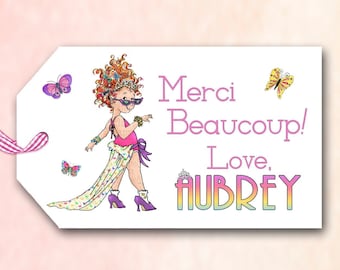 Fancy Nancy Favor Tag, Personalized with Name, Party Thank You Tag, Merci Beaucoup, Butterflies, Digital, You Print, 8 tags, 2.25"x3.75"