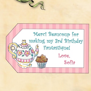 Etiquetas personalizadas Fancy Nancy Favor / Tetera, Magdalena, Rayas rosas / Etiquetas de regalo de fiesta / Hecho por encargo Digital USTED IMPRIMIR