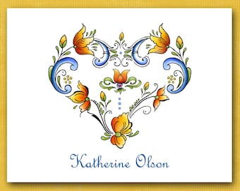 Rosemale Heart Note Cards: Personalized Norwegian Folk Art Stationery
