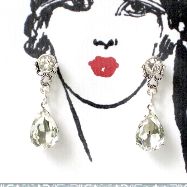 Bridgerton-Inspired Earrings, Large Teardrop & Swarovski Crystal POST, Regency, Edwardian, Georgian, Cos Play, Prom, Wedding, FREE SHIPPING