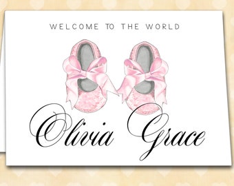 Personalized Baby Card, Pink Baby Shoes with Satin Ribbon, Congratulations New Baby Girl, Inside Verse, Glitter, 5"x7" Custom Greeting Card