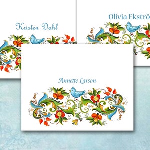 Rosemale Note Cards / Personalized or Thank You, Rosemaling Folk Art, Set of 10, Blue Bird Floral Yellow, Blue, Green, Red / Stationery Gift