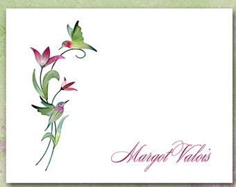 Hummingbird Note Cards / Personalized / Vine with Trumpet Flowers, Native American Bird, Spring / Set of 10 / Optional Return Address