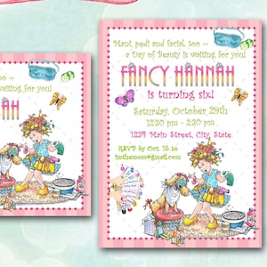 May include: Digital PDF file invitation with a pink and white striped border. The invitation reads "Fancy Hannah is turning six!" and includes event details. The design features a girl and dog at a spa, with butterflies and spa-themed illustrations.