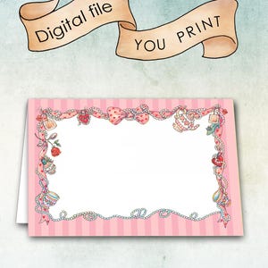 May include: A pink and white striped card with a decorative border of strawberries, hearts, and teacups. The card has a blank space for text and is labeled "Digital file YOU PRINT" in a banner above.