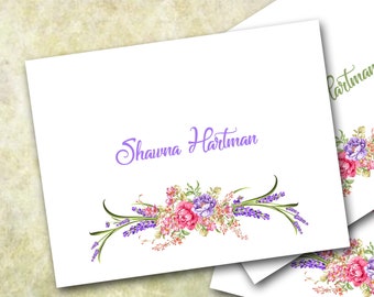 Personalized Note Cards, Lavender and Roses, Stationery Gift,  Set of 10, Mother's Day, Bridal Shower, Flowers, Optional Return Address