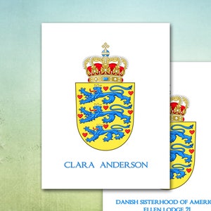 Personalized Danish Note Cards / Blue Yellow & Red, Crest with Crown, Cross, Hearts, Lions / Denmark, Scandinavian, Optional Return Address