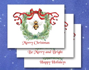 Bee Christmas Card, Wreath, Ribbon, Merry Christmas, Happy Holidays, Be Merry & Bright, Set of 10, Blank, With Greeting, Custom Personalized