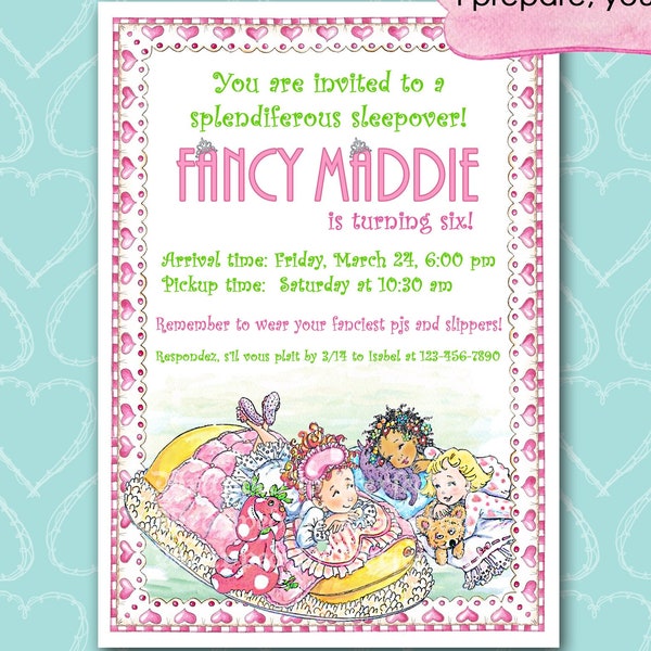 Printable Fancy Nancy Sleepover Invitation, 5"x7" DIGITAL YOU PRINT, Birthday Slumber Party, Dress Up, Soirée, Thank You Card, Favor Tag