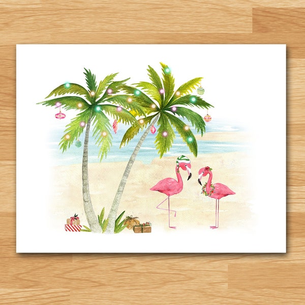 Beach Xmas Card, Palm Trees, Pink Flamingos, Set of 10, Tropical Christmas, Ocean, Sand, Florida, Hawaii, California, Coastal, Beach, Surf