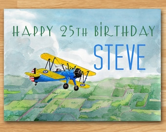 Personalized Airplane Birthday Card: Retro Biplane, Any Age, 5x7