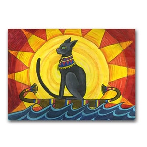 Egyptian Birthday Card / Cat Goddess Bastet / Boat on the Nile / 5&quot;x7&quot;, With Greeting or Blank