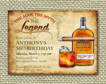 Bourbon & Cigars Birthday Invitation: The Man, The Myth, The Legend (Digital)