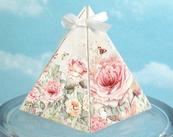 Rose Garden Favor Box / Flowers / Bridal Shower, Birthday, Jane Austen Tea Party / Pyramid, Triangle / Instant Download, YOU PRINT, No-Glue