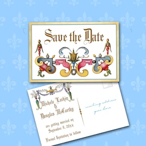Carte postale "Retenez la date" médiévale, designs lumineux, 4 x 6 personnalisés, VOUS IMPRIMEZ, Renaissance, Moyen-Âge, mariage, anniversaire, soirée à thème