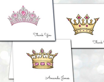 Crown Thank You Cards or Personalized Note Cards, Set of 10, Silver or Gold Crown, Tiara, Princess Stationery Gift / Return Address Option