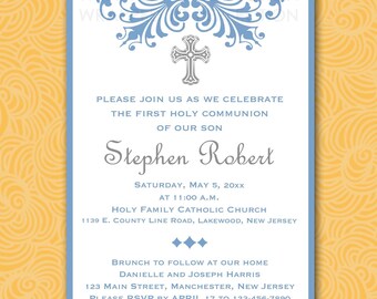 First Holy Communion Invitation, Blue and Gray, 5x7, DIGITAL YOU PRINT