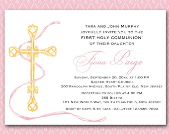First Holy Communion Invitation, Cross Pink Ribbon, 5x7, DIGITAL YOU PRINT