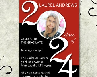 Graduation Invitation with Photo / Personalized Class of 2023, Black Red White, Unisex High School College University / 5"x7" YOU PRINT