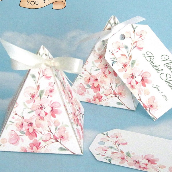 Printable Personalized Cherry Blossom Favor Box & Tag, Pink Flowers, Bridal Shower, Birthday, Asian, Pyramid, Triangle, YOU PRINT, No-Glue