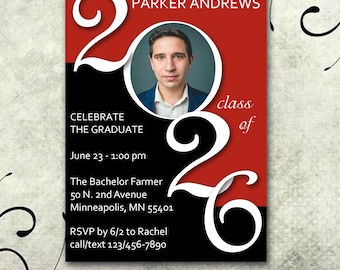 Graduation Invitation with Photo, Personalized, Black Red White, 5"x7" YOU PRINT