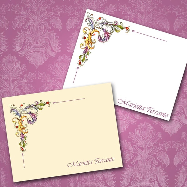 Florentine Note Cards / 10 Cards, Ivory or White, Personalized Italian Stationery Design, Purple Rossi Inspired Rococo Renaissance Medieval