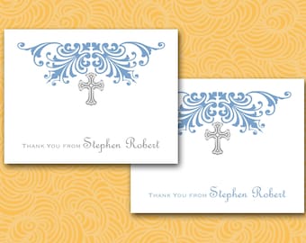 Personalized Communion Thank You Cards, Blue with Silver/Gray Cross, Set of 10