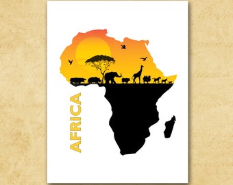 Africa Note Card / Thank You or Personalized, Optional Return Address / African Continent / Savannah, Animals, Tree, Sunset / Set of 10