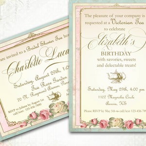 Victorian Invitation, Jane Austen Tea Party Birthday Bridal or Baby Shower Engagement, Roses, With or Without Teapot, 5x7, Digital YOU PRINT