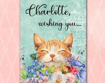 Personalized Birthday Card, Orange Cat, Wildflowers, 5x7" + White Envelope