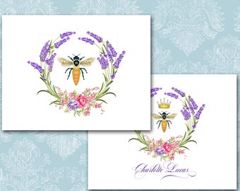Lavender Wreath Note Cards with Bee and Crown: Personalized Set of 10