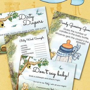 Signes de douche de bébé et cartes de jeu / Winnie l'ourson, Word Scramble, Dirty Diaper, Don't Say Baby, Candy Game / Boy Blue Bottle / DIY YOU PRINT