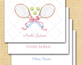 Personalized Tennis Note Cards: Watercolor Rackets, Set of 10