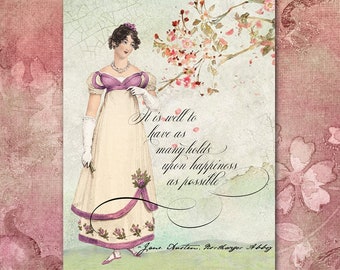 Jane Austen Birthday Card, 5"x7", Book Lover, Blank or with Greeting, Victorian Edwardian Regency Spencerian Calligraphy