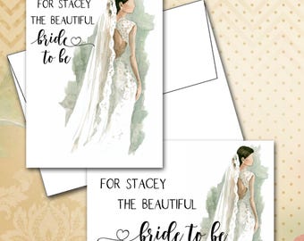 Personalized Bridal Shower Card: Brunette Bride, Lace Dress (5x7, White Envelope)