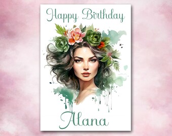 Personalized Birthday Card / Brunette with Flowers in Hair, Beautiful Dark-Haired Girl, 5"x7", Watercolor Young Woman, Fashion Illustration