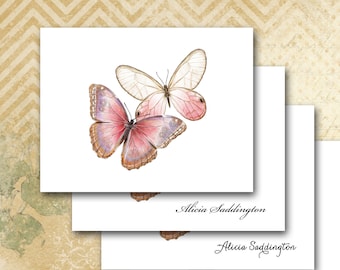 Butterfly Note Cards, Personalized or Thank You, Set of 10 Pink & Mauve Butterflies, French Papillon, Feminine Delicate Romantic Shabby Chic