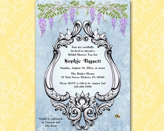 Regency Invitation, 5x7 Printable / Wisteria, Ornate Frame, Bee, Personalized, Bridal Shower, Birthday, Jane Austen Tea