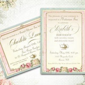 Faire-part victorien, Jane Austen Tea Party, anniversaire de mariage ou fiançailles pour baby shower, roses, avec ou sans théière, 5 x 7, numérique à imprimer
