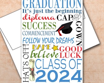 Personalized Graduation Card / Grad Cap, Congratulations, Class of 2024, Middle School High School College Subway Art, Typography, 5x7