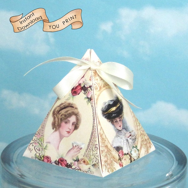 Victorian Favor Box, Vintage Ladies Sipping Tea, Jane Austen Tea Party, Pyramid, Triangle, DIY Instant Download, YOU PRINT, Easy, No-Glue