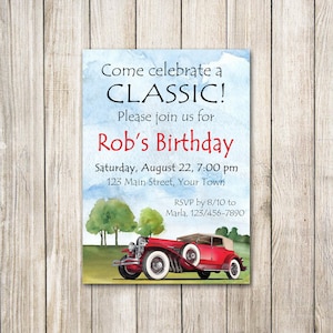 Faire-part voiture classique / roadster rouge vintage, voiture de sport, rétro, cabriolet, Gatsby / anniversaire jalon / aquarelle / 5 x 7 po. que vous imprimez