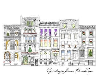 May include: Two white cards with detailed pen and ink drawings of Brooklyn brownstones. One card is colored with accents of green, purple, and yellow. The text "Greetings from Brooklyn" is written on both cards.