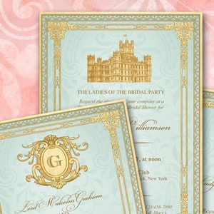 Suite di inviti per matrimonio, monogramma stemma, vittoriano edoardiano Downton Abbey, acquamarina e oro, ornato, compleanno, doccia, anniversario, YOU PRINT