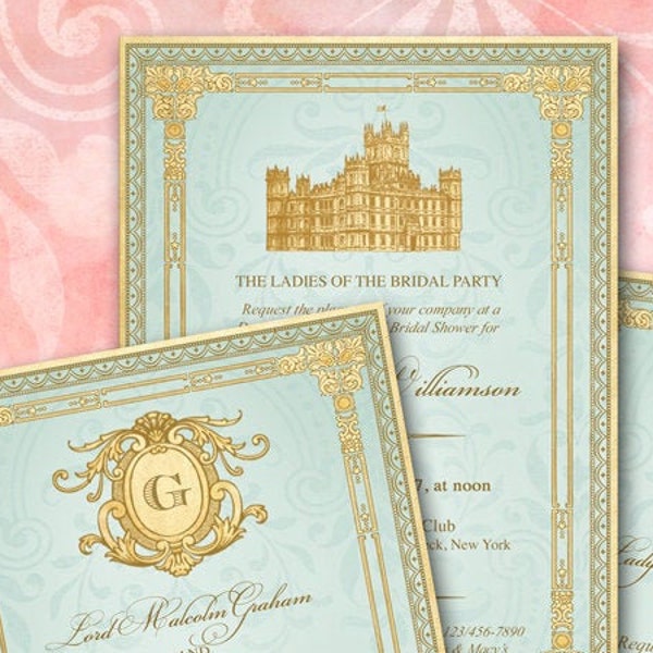 Wedding Invitation Suite, Monogram Crest, Victorian Edwardian Downton Abbey, Aqua & Gold, Ornate, Birthday, Shower, Anniversary, YOU PRINT