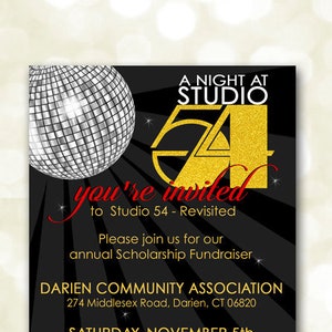 Uitnodiging Disco Studio 54, 5 x 7 inch, YOU PRINT, jaren 1970, Mirror Ball, Themafeest, Afzonderlijk verkrijgbaar: poster, Save-the-Date, RSVP, bedankt
