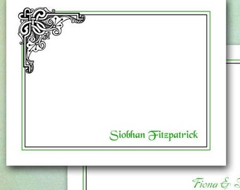 Celtic Note Cards, Personalized Stationery, Folded, Blank Inside, Set of 10, Irish Corner Design, Heart, Black & Green Border, Ireland